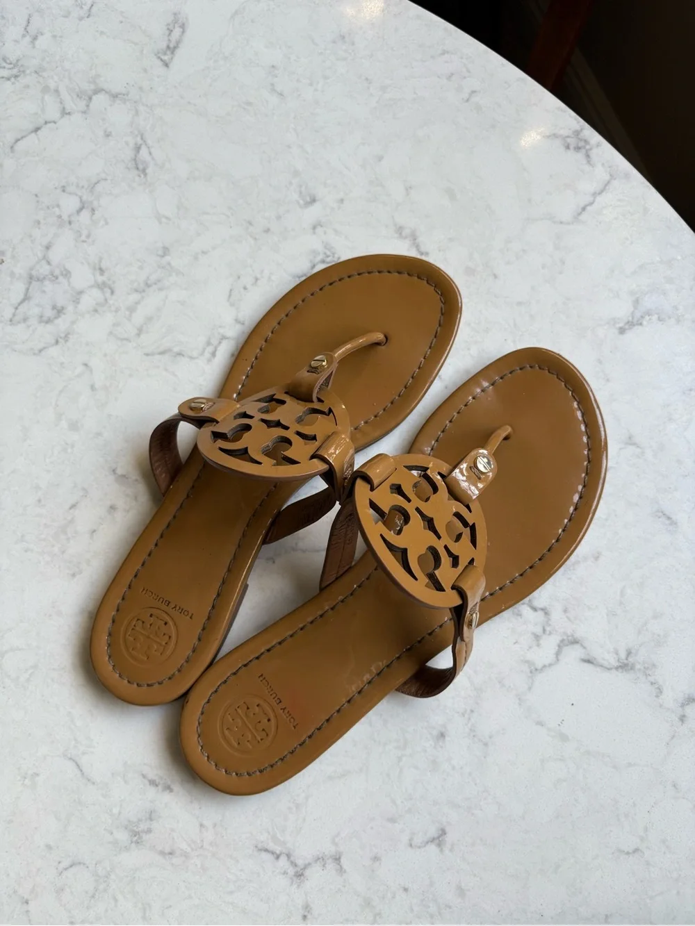 Tory Burch Tan Leather Logo Thong Sandals 8